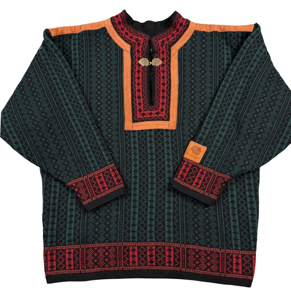In-Wild Norway Wool Sweater Womens XS Nordic Fair Isle Clasps Leather Trim Green